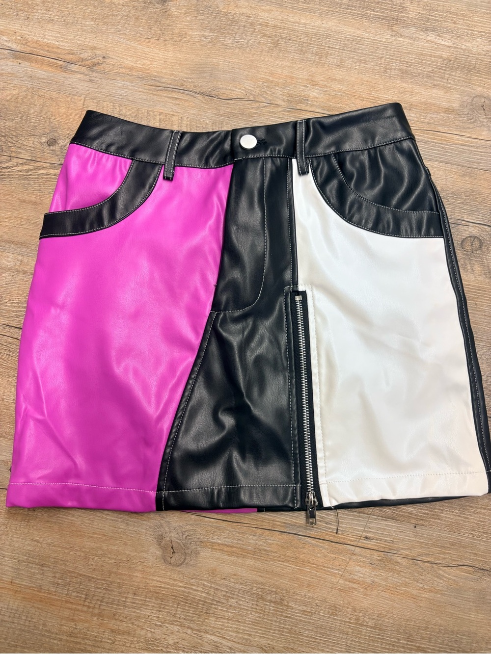 Faux Leather Colorblock Mini Skirt in Pink, Black & White